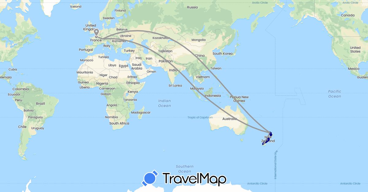 TravelMap itinerary: driving, plane in Switzerland, China, France, New Zealand, Singapore (Asia, Europe, Oceania)
